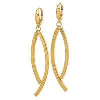 Pair of gold-toned dangle earrings with curved leaf-like shapes and textured surfaces, suspended from leverback closures.