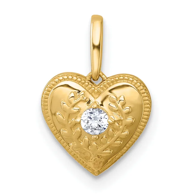 Gold heart-shaped pendant with ornate leaf detailing around the border and a round white diamond or cubic zirconia stone set in the center, suspended from a gold bail.
