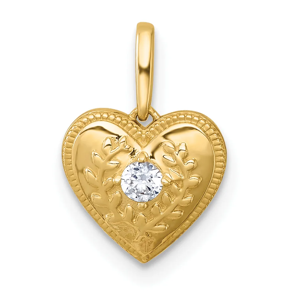 Gold heart-shaped pendant with ornate leaf detailing around the border and a round white diamond or cubic zirconia stone set in the center, suspended from a gold bail.