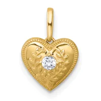 Gold heart-shaped pendant with ornate leaf detailing around the border and a round white diamond or cubic zirconia stone set in the center, suspended from a gold bail.