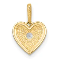 A gold heart-shaped pendant with a textured surface and a small pale stone in the center, suspended from a gold bail.