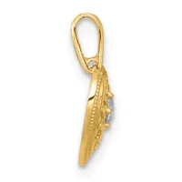 Gold pendant featuring an elongated leaf or feather design with decorative beading along the edges and a small blue stone accent, suspended from a gold bail.