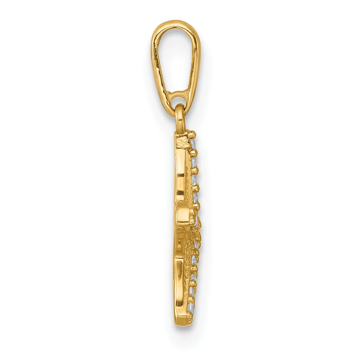 A gold flute charm with a carabiner clip attachment at the top, shown vertically against a white background.
