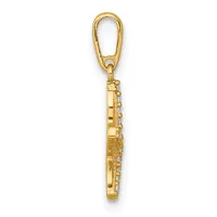 A gold flute charm with a carabiner clip attachment at the top, shown vertically against a white background.