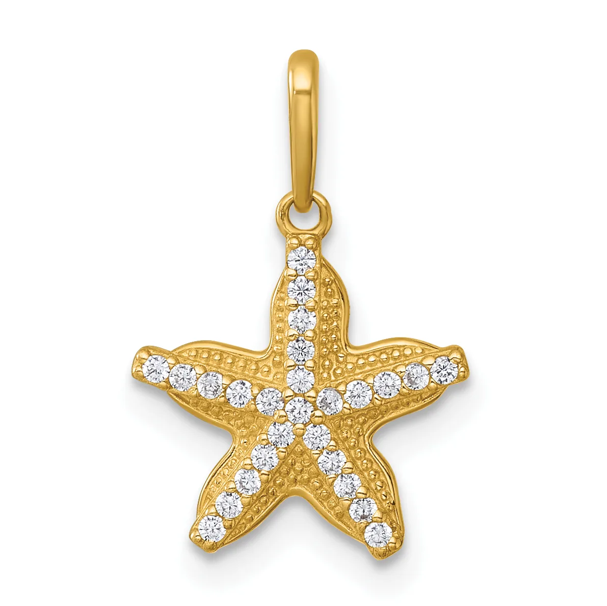 Gold starfish pendant with cubic zirconia stones set in rows across the arms and center, suspended from a bail loop.
