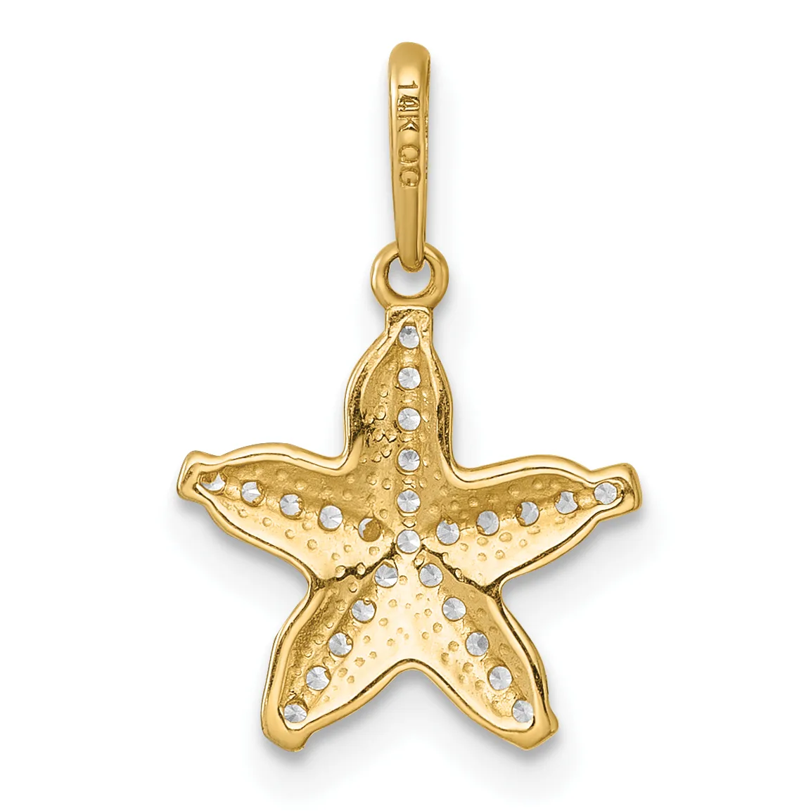 Gold starfish pendant with white crystal accents arranged in a dotted pattern, suspended from a bail loop.
