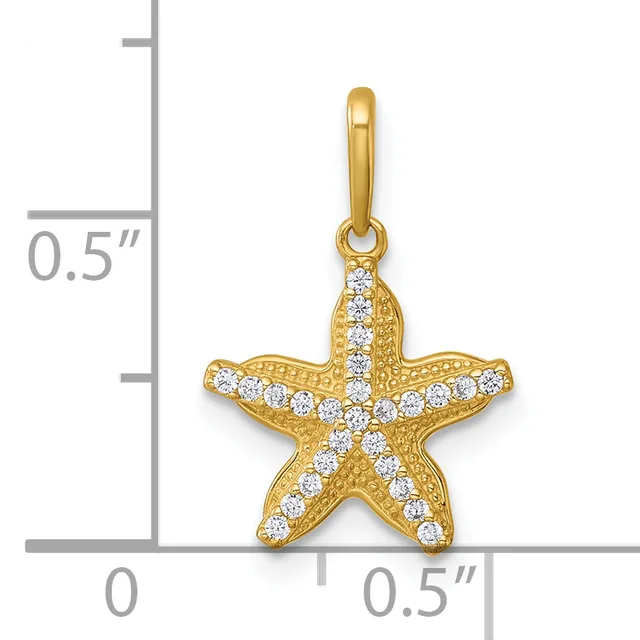 Gold starfish pendant with diamond pavé accents on the arms and center, shown next to a ruler for scale measuring approximately 0.5 inches.