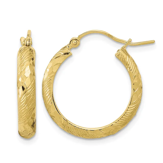Pair of gold hoop earrings with textured diagonal line pattern, shown from front and side views with posts and backs.