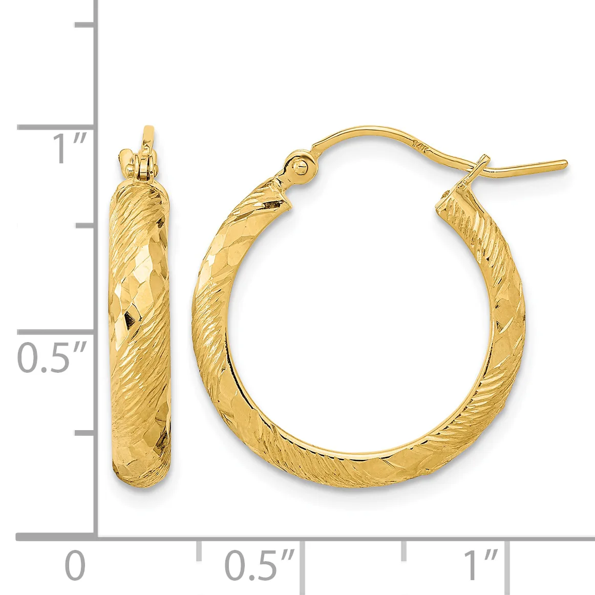 A pair of textured gold hoop earrings with a diagonal quilted pattern, shown next to a measurement scale indicating they are approximately one inch in diameter.