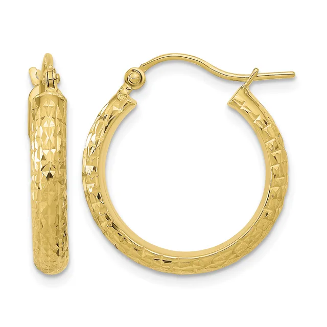 A pair of gold hoop earrings with a textured diamond-cut surface and hinged closure posts, shown from front and side views.