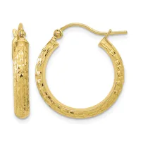 A pair of gold hoop earrings with a textured diamond-cut surface and hinged closure posts, shown from front and side views.