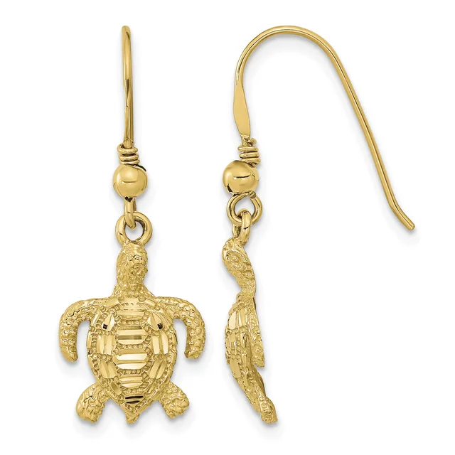 Pair of gold sea turtle dangle earrings with textured shells, shown front and side view, hanging from curved wire hooks with small round beads.