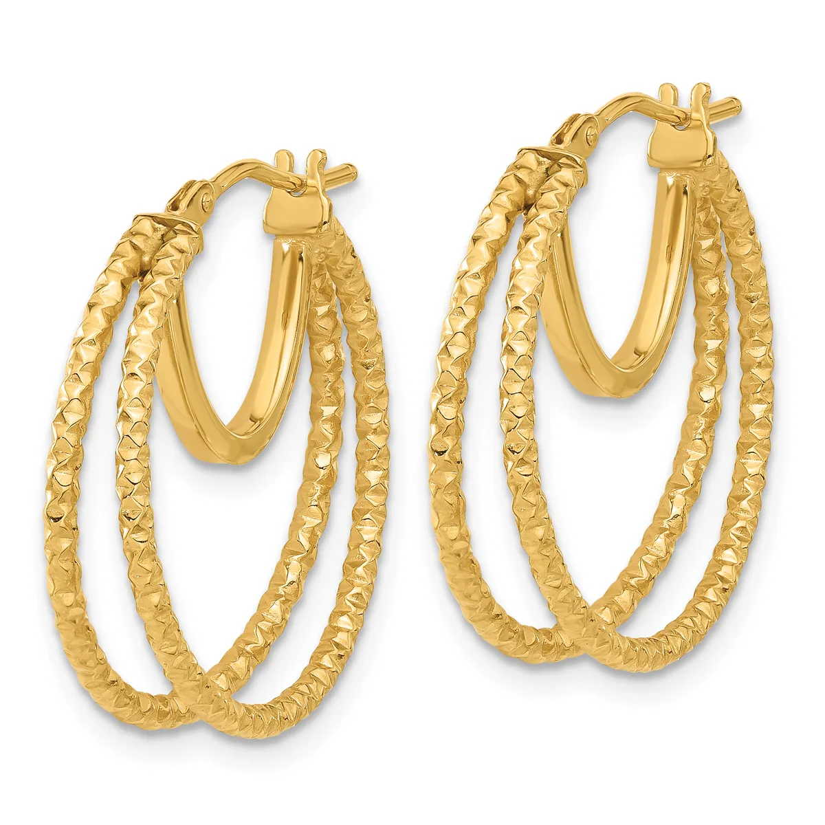 A pair of gold-colored double hoop earrings with a textured diamond-cut surface finish and post-and-clutch closures.