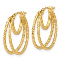 A pair of gold-colored double hoop earrings with a textured diamond-cut surface finish and post-and-clutch closures.