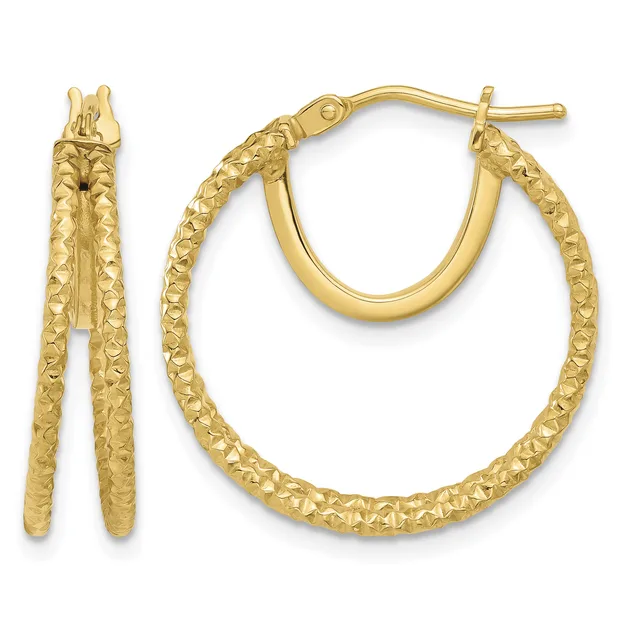 Pair of gold hoop earrings with textured surface and post and clutch closures, shown from front and side views.
