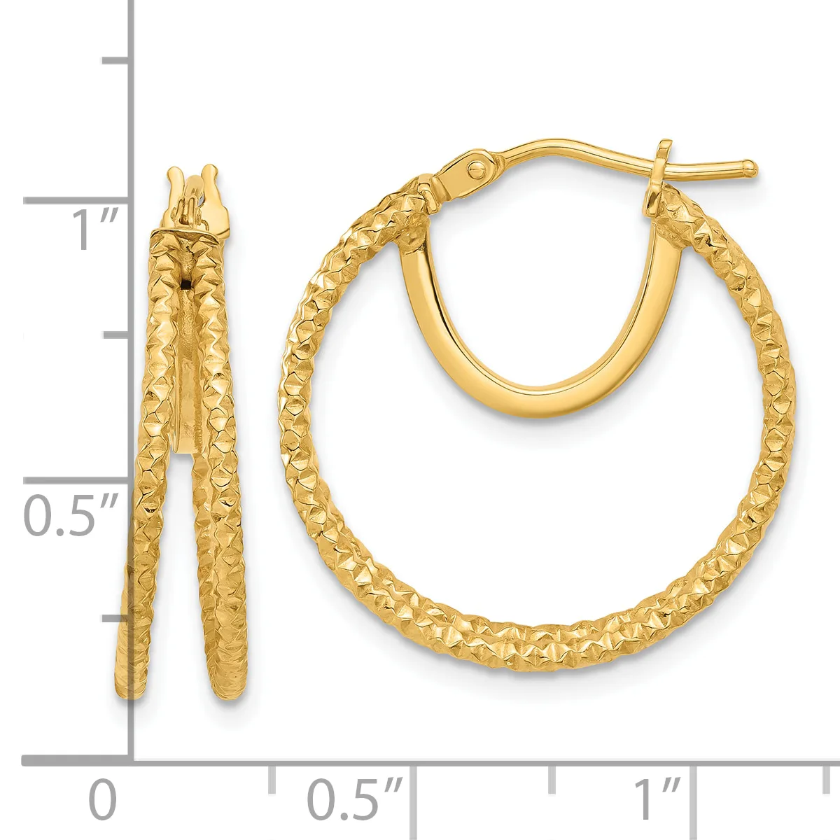 Pair of gold hoop earrings with textured surface and post backs, displayed next to a ruler showing approximately one inch in length.