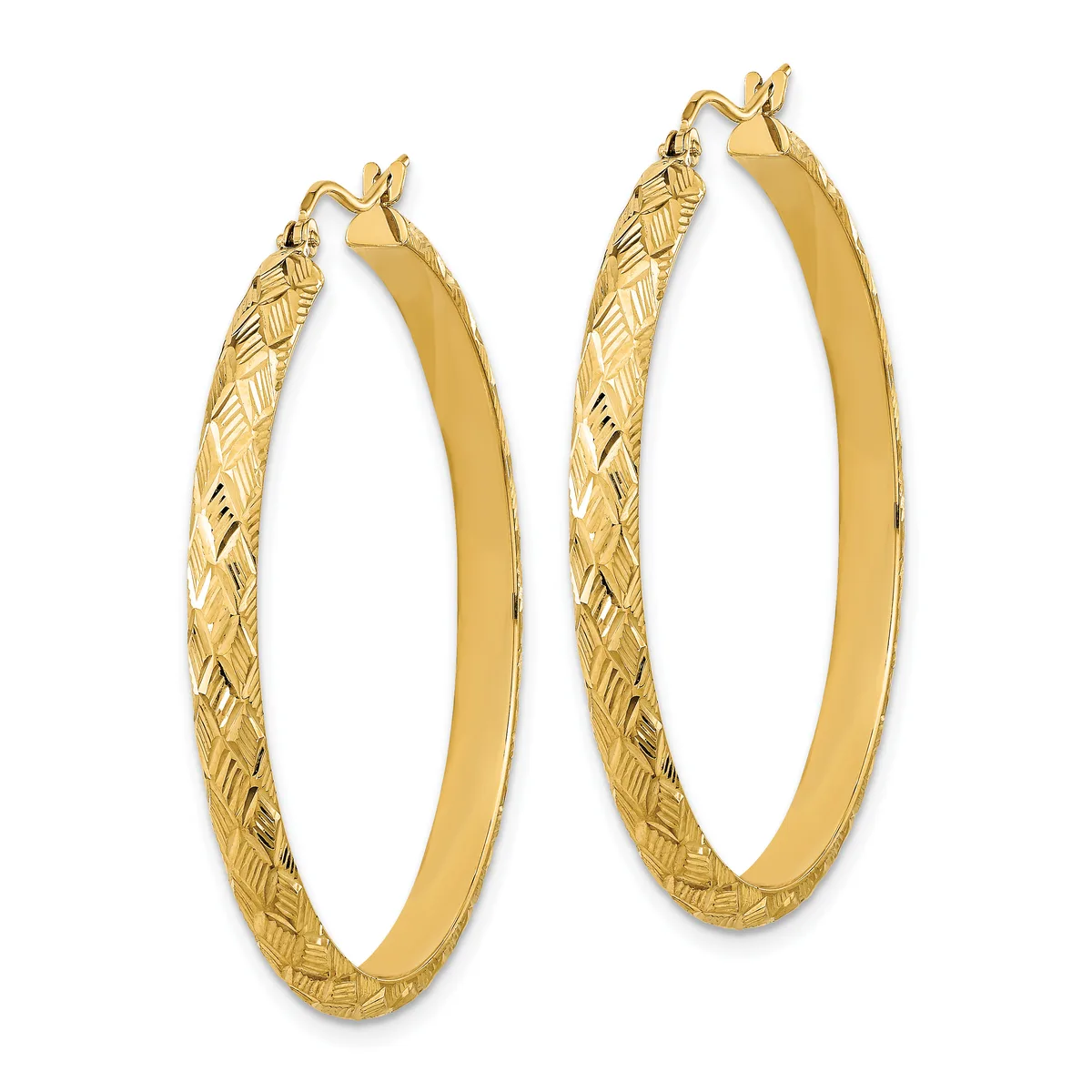A pair of gold hoop earrings with textured surfaces on one side and smooth polished surfaces on the other, displayed side by side.