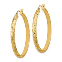 A pair of gold hoop earrings with textured surfaces on one side and smooth polished surfaces on the other, displayed side by side.