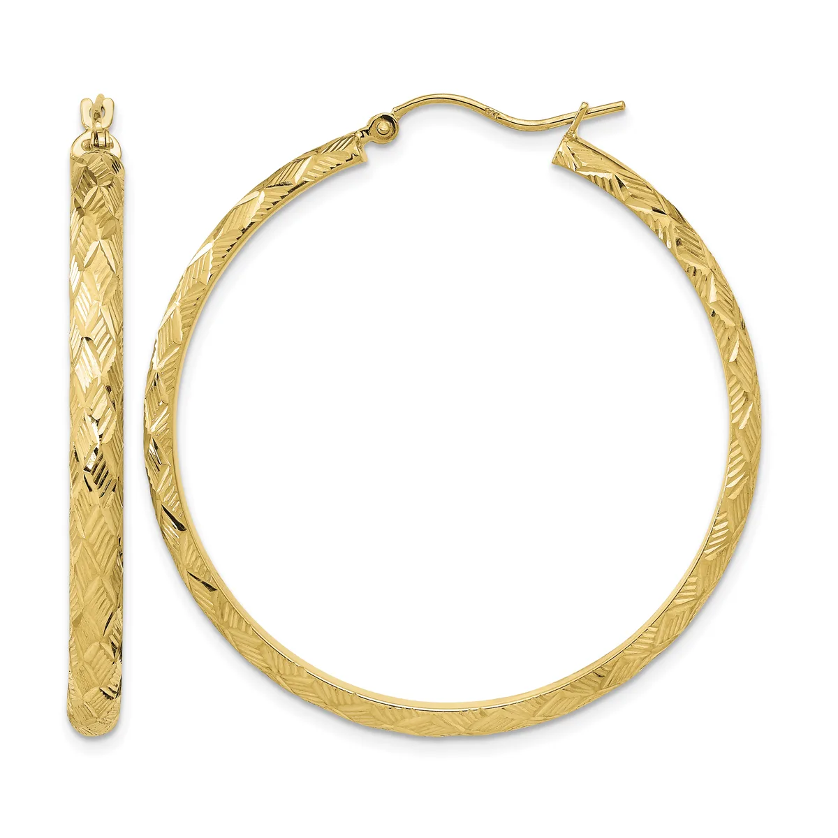 Pair of gold textured hoop earrings with crosshatch surface pattern, shown from front and side view.