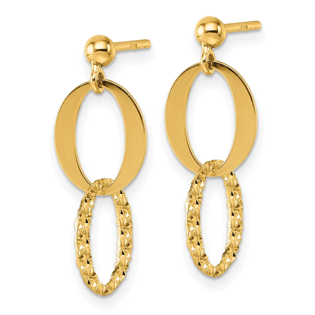 Pair of gold dangle earrings with ball studs, featuring polished oval loops above textured oval loops with a hammered finish.