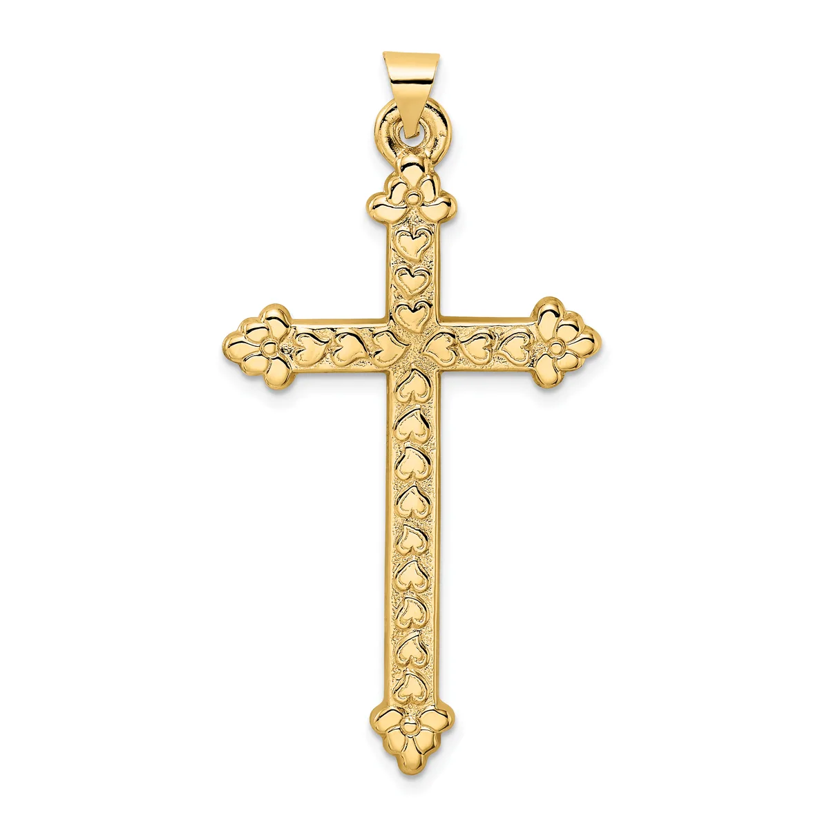 A gold cross pendant with ornate floral filigree detailing on the arms and shaft, displayed against a white background.