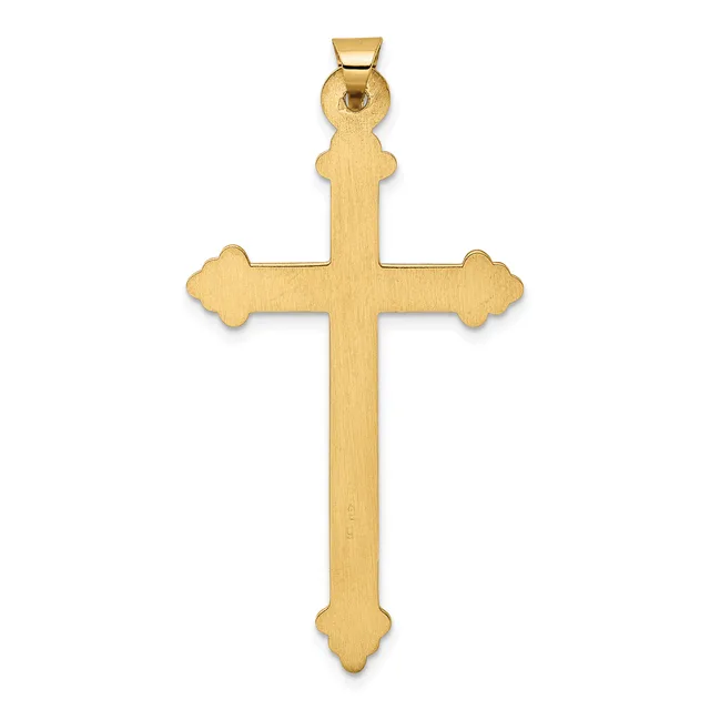 A gold cross pendant with rounded lobed ends and a small bail loop at the top, shown against a white background.