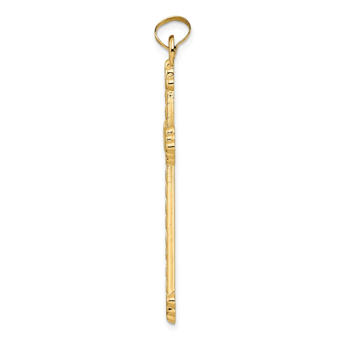 A long, slender gold-colored metal tool with decorative notches along its shaft and a small loop at the top.