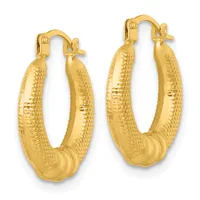 A pair of gold textured hoop earrings with a dimpled surface finish and secured with lever-back closures.