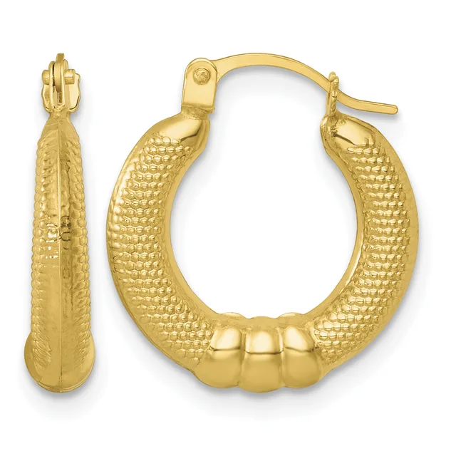 Pair of gold hoop earrings with textured surface and three polished beads at the bottom, shown from front and side views.