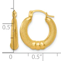 Pair of textured gold-toned hoop earrings with post and clutch backs, shown next to a ruler indicating approximately 0.5 inch diameter.