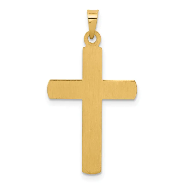 A gold cross pendant with a brushed finish and a small loop bail at the top, shown against a white background.