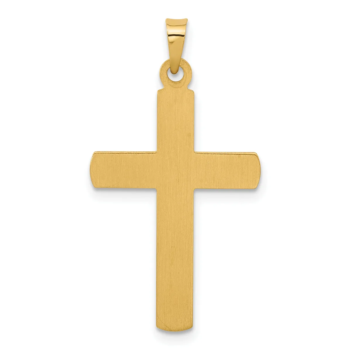 A gold cross pendant with a brushed finish and a small loop bail at the top, shown against a white background.