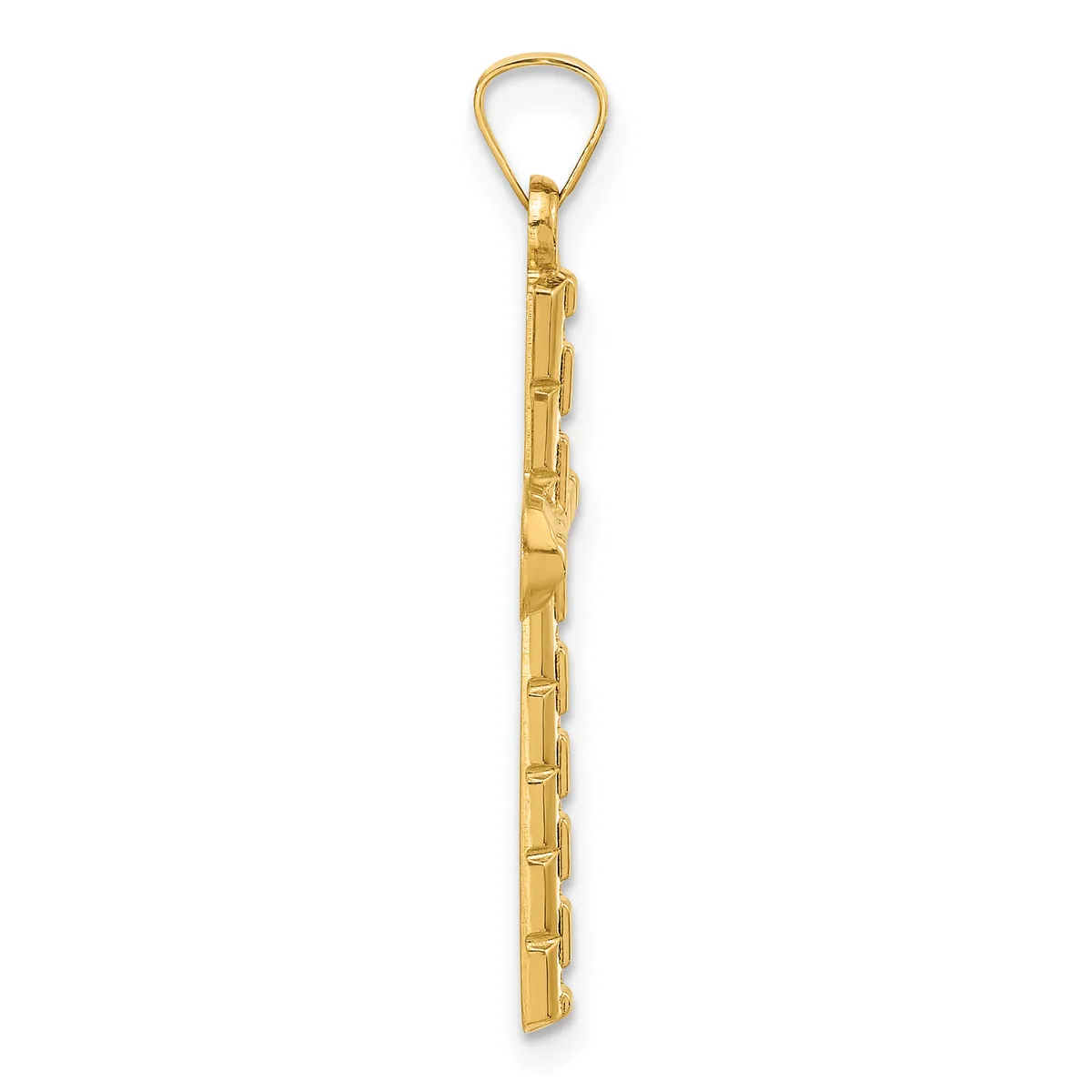 A long gold-toned rectangular pendant with horizontal segmented details hangs from a looped bail at the top.