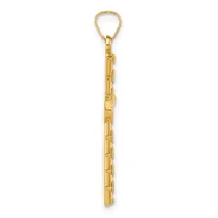A long gold-toned rectangular pendant with horizontal segmented details hangs from a looped bail at the top.
