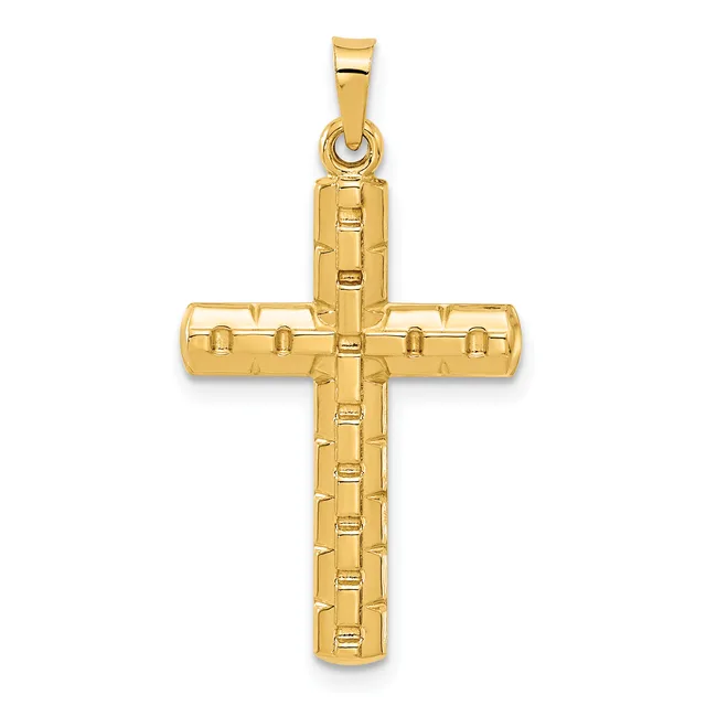 A gold cross pendant with a textured rectangular pattern covering its surface, suspended from a bail loop at the top.
