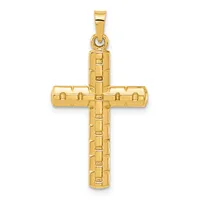 A gold cross pendant with a textured rectangular pattern covering its surface, suspended from a bail loop at the top.