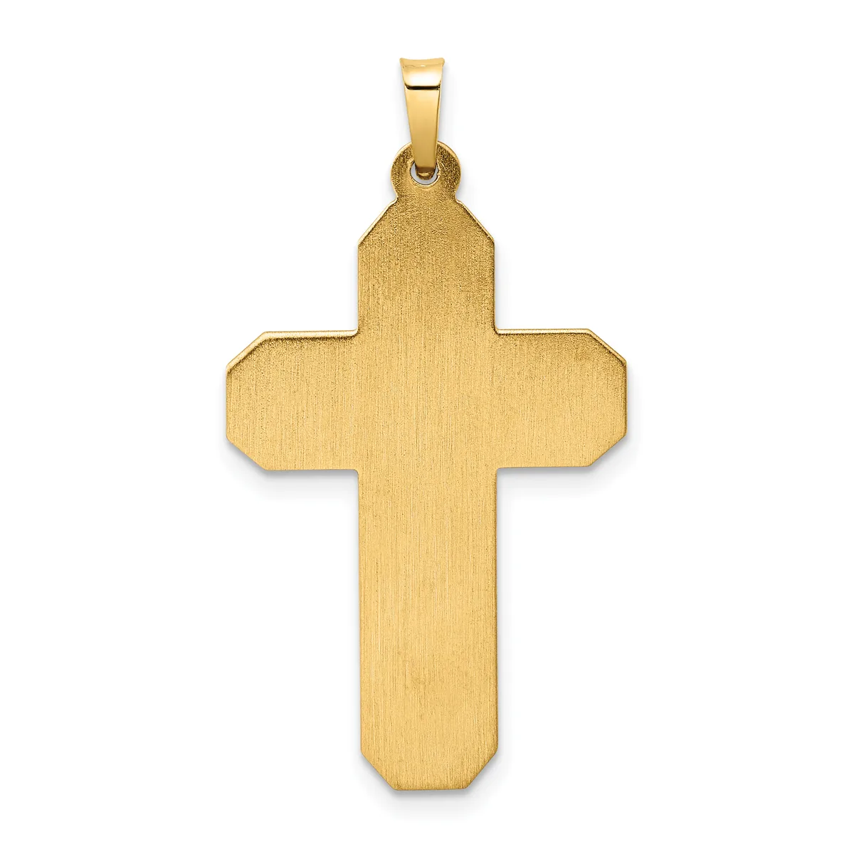 A gold cross pendant with a brushed finish and rounded rectangular arms, suspended from a bail loop against a white background.