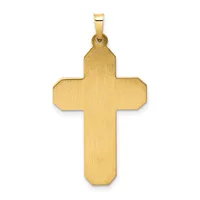 A gold cross pendant with a brushed finish and rounded rectangular arms, suspended from a bail loop against a white background.