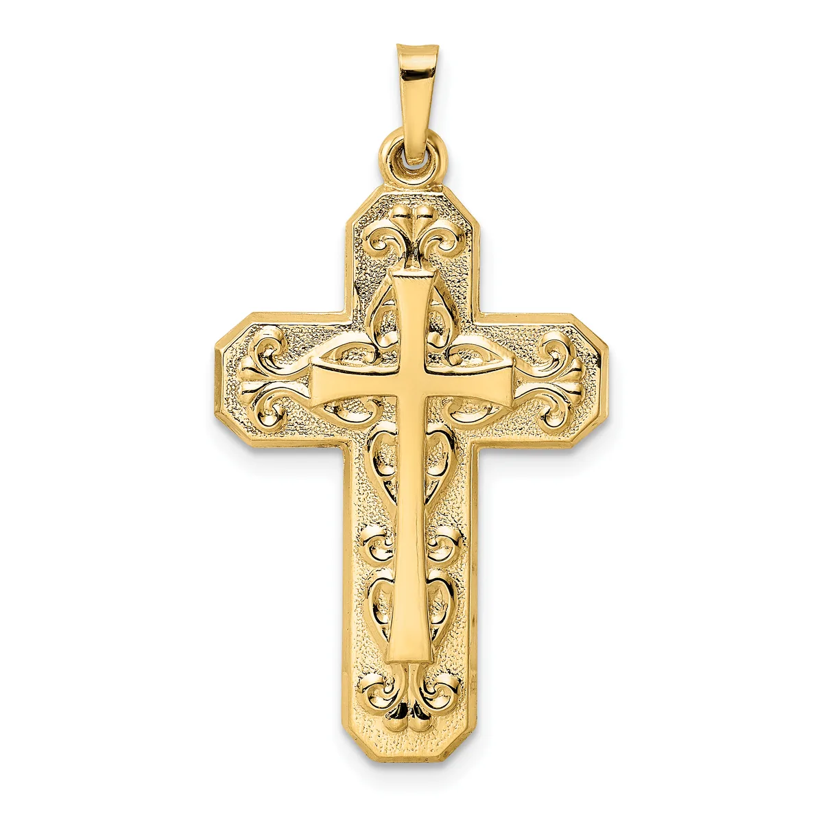 A gold cross pendant with ornate filigree detailing and scrollwork patterns throughout, shown against a white background.