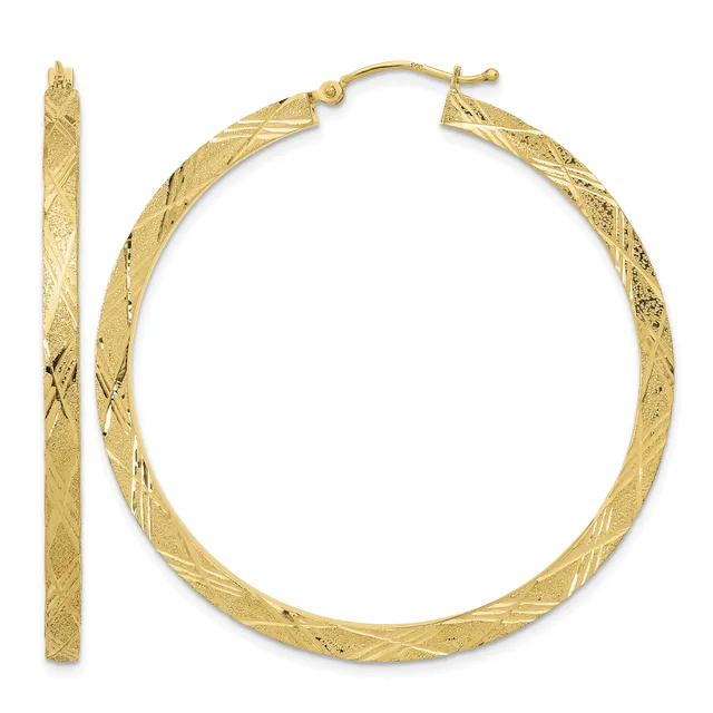 A pair of gold hoop earrings with a twisted textured finish and diagonal crosshatch pattern, shown from front and side views.