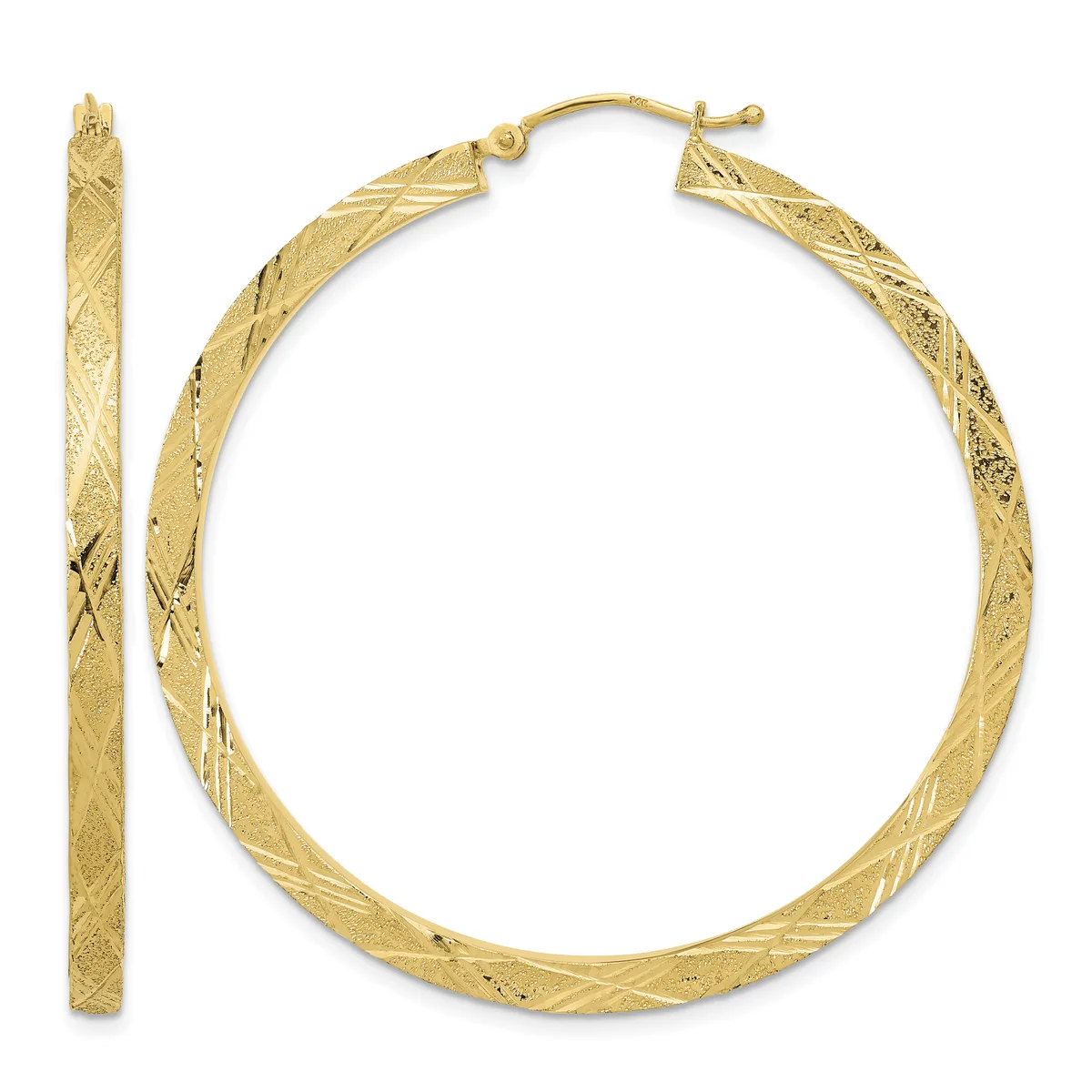 A pair of gold hoop earrings with a twisted textured finish and diagonal crosshatch pattern, shown from front and side views.