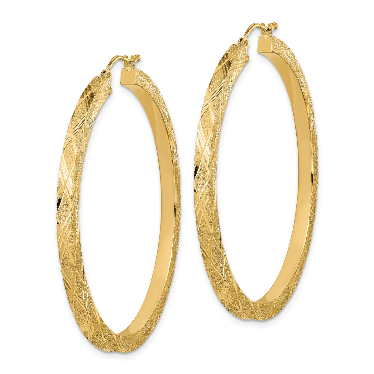 Pair of gold hoop earrings with a textured diamond-cut surface and polished inner edges, shown against a white background.