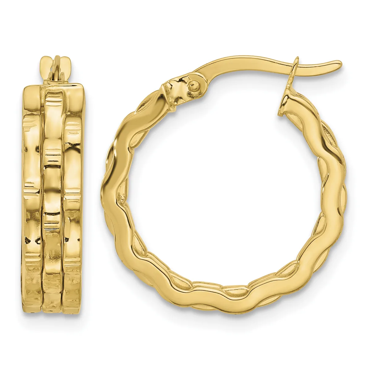 Pair of gold hoop earrings with textured wavy surfaces and post-and-clutch closures, shown from front and side views.
