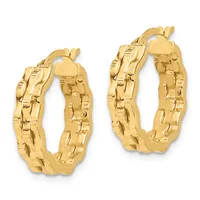 A pair of gold hoop earrings with a textured brick-like pattern, shown from the front against a white background.
