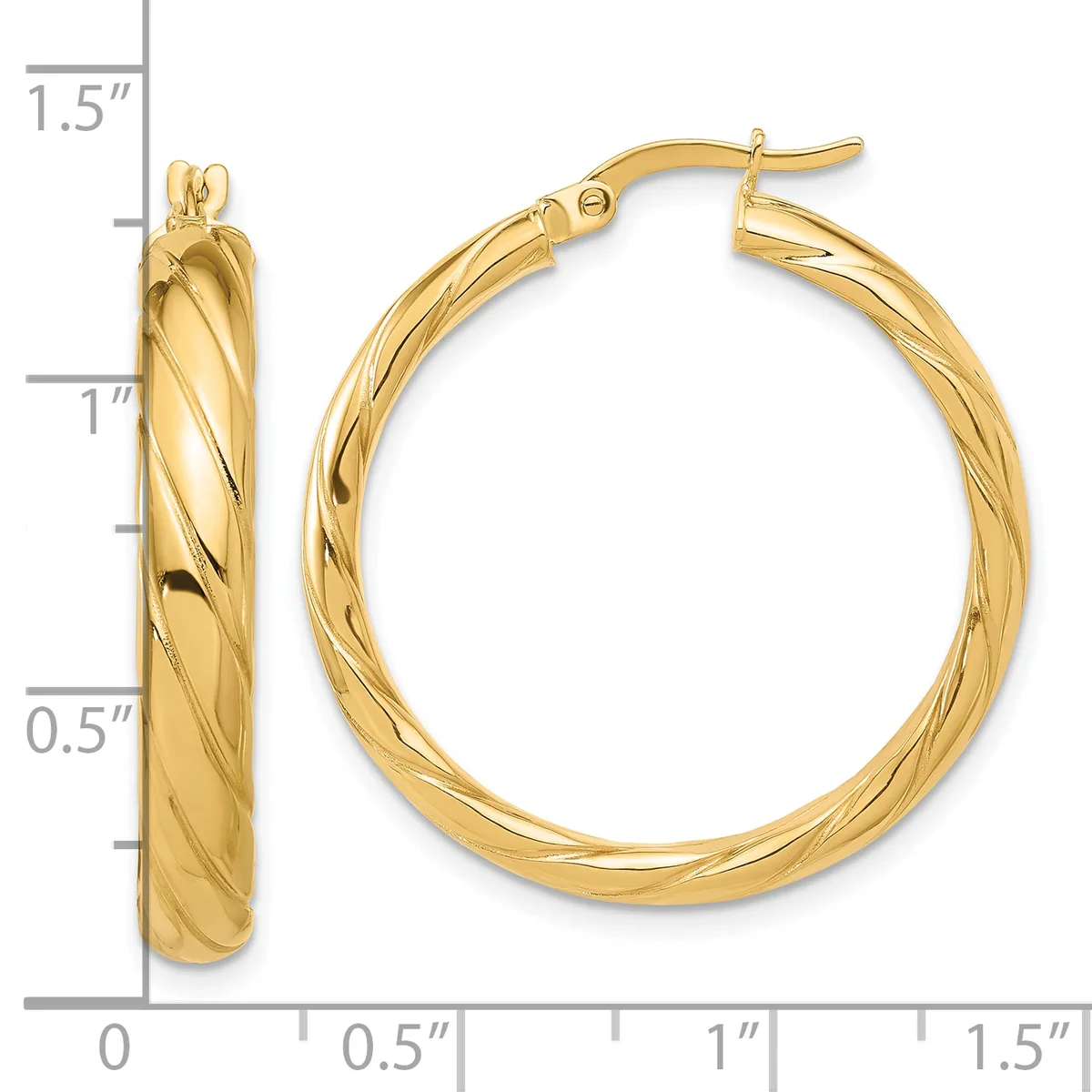 Pair of twisted gold hoop earrings with hinged posts, displayed against a measurement scale showing approximately 1.25 inches in diameter.