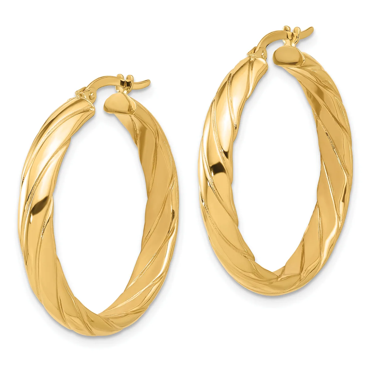 A pair of gold twisted hoop earrings with hinged closures, displayed side by side against a white background.