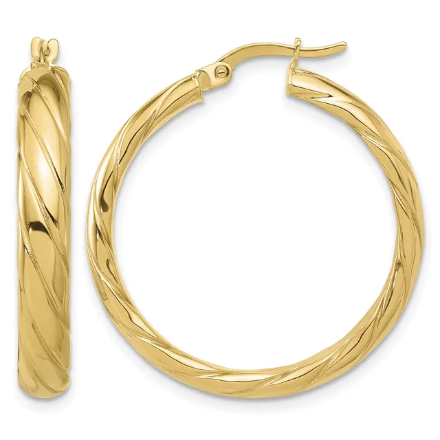 A pair of gold twisted hoop earrings shown from front and side views, featuring a diagonal ridge pattern across the surface.