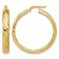 A pair of gold twisted hoop earrings shown from front and side views, featuring a diagonal ridge pattern across the surface.