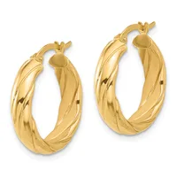 A pair of twisted gold hoop earrings with hook closures, shown from the front against a white background.