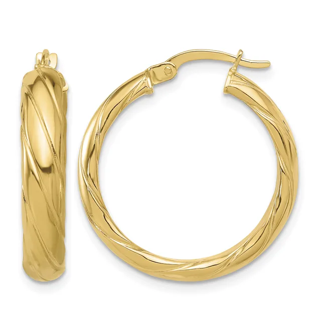 A pair of polished gold hoop earrings with a twisted diagonal texture pattern, shown from the front and side view.